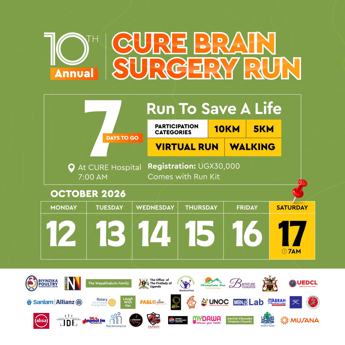 CUREuganda's tweet photo. One week to the 10th CURE Brain Surgery Run.
Lace up. Drink water. Get your kit.
Register today: https://t.co/weDoQoNF2B
#RunToSaveALife #7DaysToGo https://t.co/G9PxVhloRe