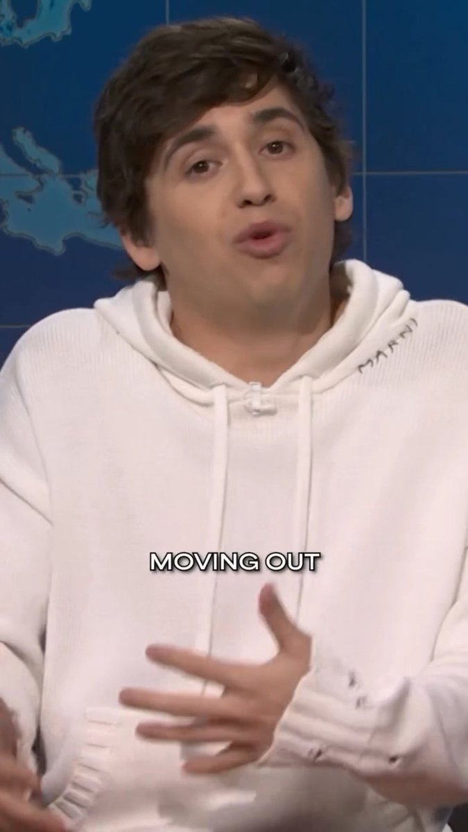 A young man in a white hoodie speaks to the camera with the caption 'MOVING OUT' displayed at the bottom.
