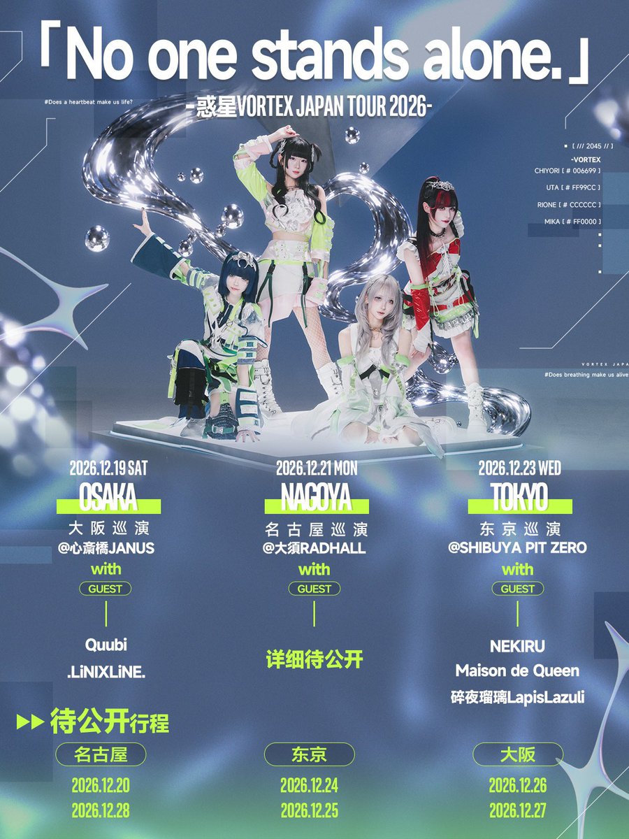 keitasodayo's tweet photo. 上海のULTIMA IDOLSのグループが日本に来ますよ。特にラピスとANNYXは初の日本遠征ですよ。是非見てみてね〜✨

🌀惑星VORTEX 🇯🇵ツアー情報
「No one stands alone.」
📅12/19(土) 大阪 心斎橋JANUS
with Quubi/.LiNIXLiNE.
📅12/21(月) 名古屋 大須RADHALL
後日公開
📅12/23(水) 東京 SHIBUYA PIT ZERO 
with NEKIRU/Maison de Queen/碎夜瑠璃LapisLazuli

💎碎夜瑠璃LapisLazuli🇯🇵遠征情報
📅12/23 東京@ SHUBUYA PIT ZERO
📅12/24 東京 後日公開
📅12/26 大阪 後日公開
📅12/27 大阪 後日公開
📅12/28 名古屋 後日公開
📅12/29 大阪 後日公開

⛩️Misology🇯🇵远征情報
📅11/28 名古屋 SOUND GARDEN
📅11/29 名古屋 SOUND GARDEN
📅11/30 名古屋 BANDSET 後日公開

🌋ANNYX 🇯🇵远征情報
📅11/27 TWO-MAN���演 後日公開
📅11/28 名古屋 SOUND GARDEN
📅11/29 名古屋 SOUND GARDEN

#惑星VORTEX
#碎夜瑠璃LapisLazuli
#Misology
#ANNYX