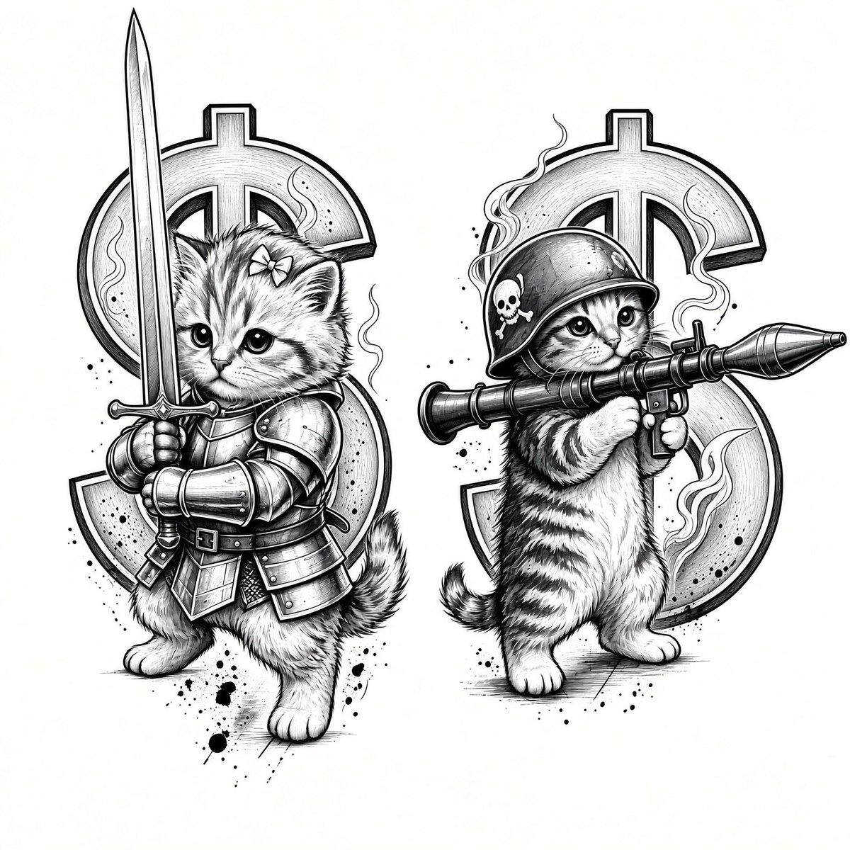 SconeThCrow's tweet photo. @CatWifRocket @KingQuantavio got some sketches made with grok since i cant draw lets get $rocketcat to 1mil market cap and ill get my first tattoo ever being $rocketcat and $swordcat the duo that saved the trenches 🐈🪖⚔️🚀 https://t.co/uJj2OpSgSo