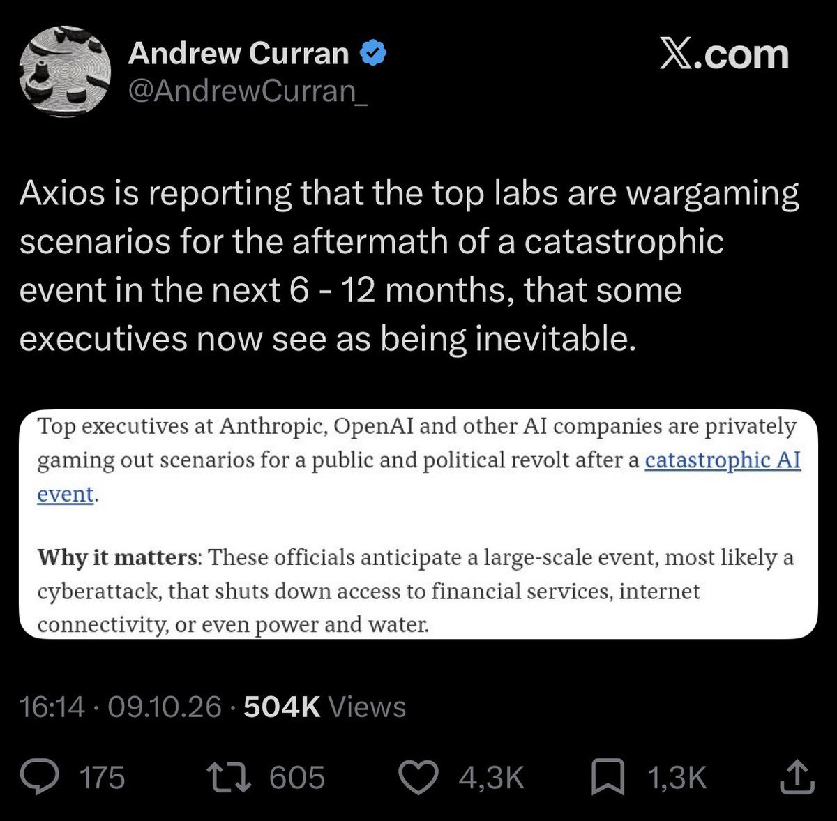 cyb3rops's tweet photo. Ah, now I get it. I thought the AI catastrophe meant a model escaping its sandbox, launching nukes or hacking the power grid.

Turns out it spots the AI debt bubble, shorts its own creators and crashes the financial system with trading bots.

The singularity is a margin call. https://t.co/184dJZvhs9