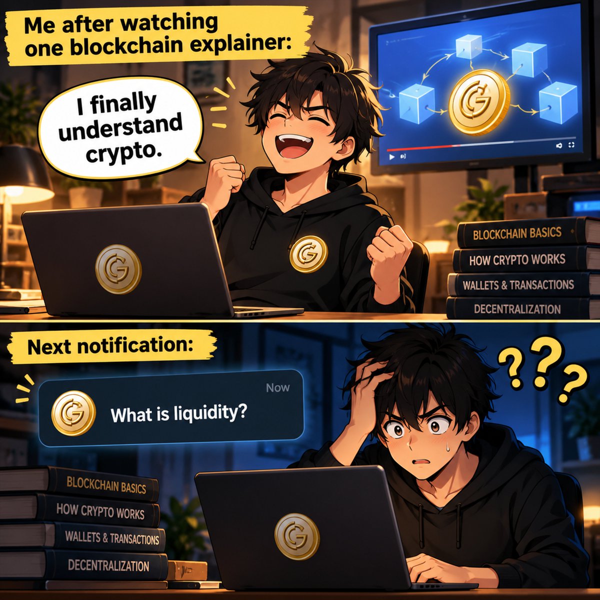 crypgpt_token's tweet photo. 😂 One blockchain video later: “I finally understand crypto!” 🚀 

Next notification: “What is liquidity?” 😭💻

Crypto learning never ends — one concept at a time with CrypGPT! 🧠✨

#CrypGPT #CryptoMemes #Blockchain #CryptoHumor #Web3 #CryptoEducation #LearnCrypto https://t.co/ir54egL5Wi