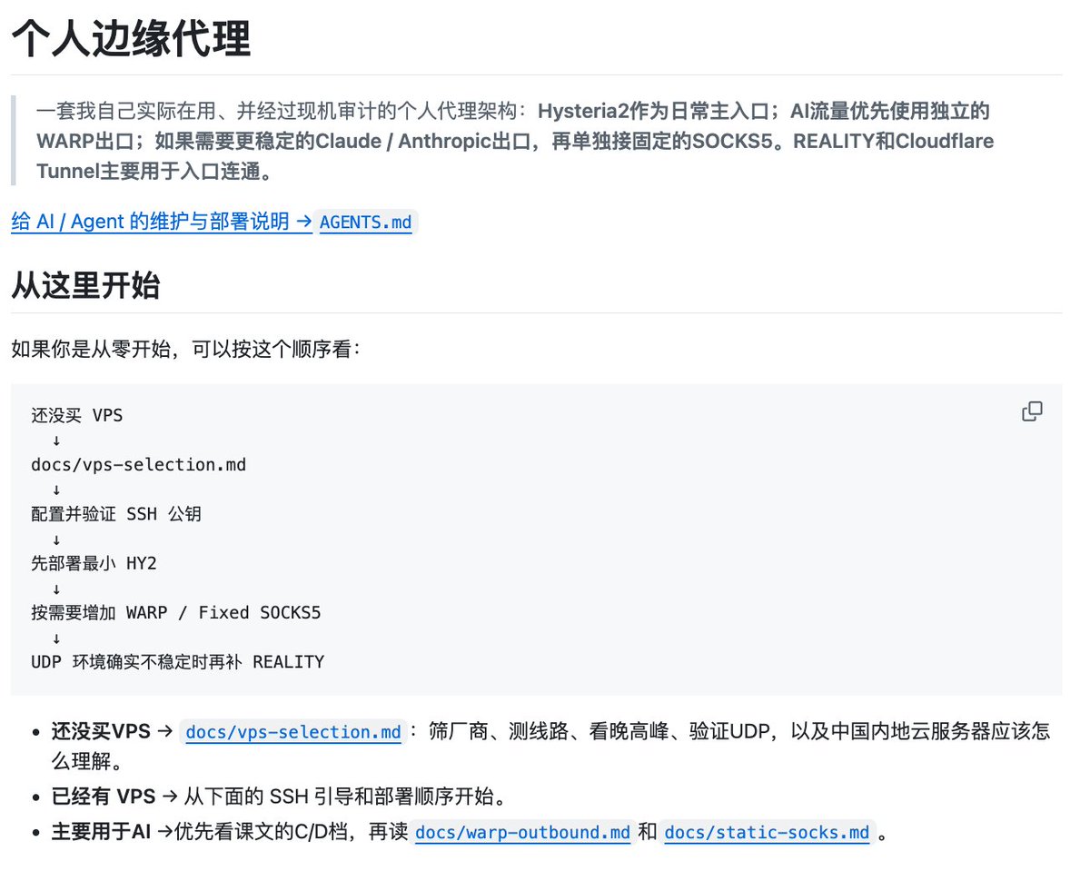 Chenfacai0's tweet photo. 老实说，自建代理折腾半天，最怕的就是方案看着花哨、实际跑不起来。personal-edge-proxy 这个 Repo 走的是另一条路，整套路由方案全部开源。

分流安排大概是：

① 日常流量走 Hysteria2
② AI 流量单独走 WARP 出口
③ Claude/Anthropic 还能单独接 SOCKS5
让我觉得踏实的是，作者没拿“100%不封号”来吸引眼球，反而把责任说清楚：账号安全自己担着，服务条款先遵守。
门槛也不高，低配 VPS 就能跑，教程写得还算直白。

想研究自建网络方案的，我建议去翻一翻。
🔗 https://t.co/6Yp9uQ0WGn