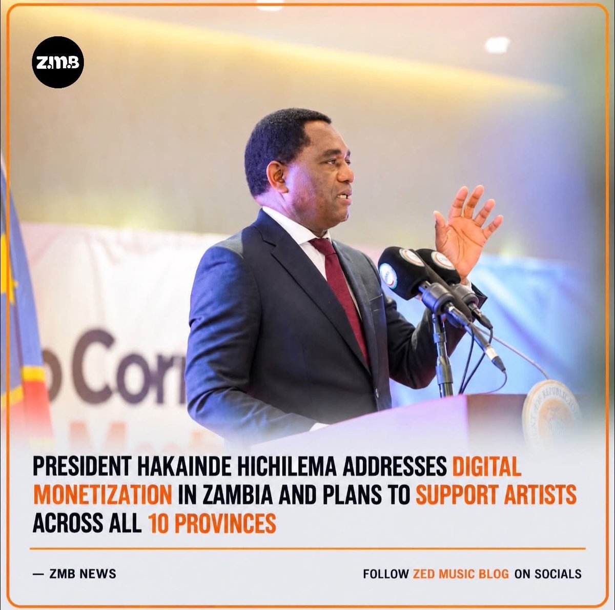 ZedMusicBlog's tweet photo. President Hakainde Hichilema has highlighted the importance of monetisation in Zambia’s creative industry, saying the government will….read more here>> https://t.co/IX7uiKx2X1 https://t.co/mkTcFtzQcD