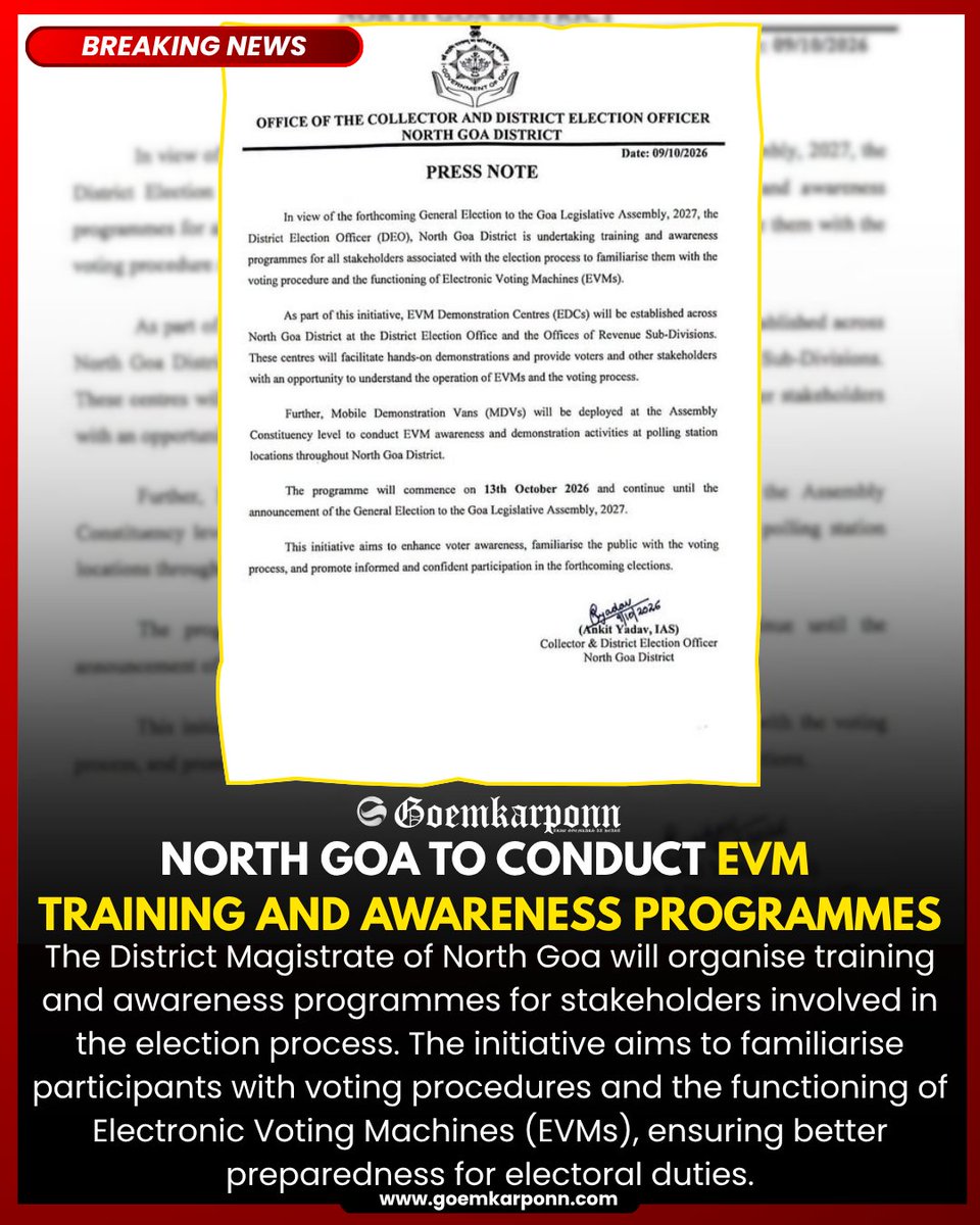 goemkarponnlive's tweet photo. NORTH GOA TO CONDUCT EVM TRAINING AND AWARENESS PROGRAMMES
#NorthGoa #EVM #ElectionAwareness #GoaElections #Goemkarponn https://t.co/juulao38bY