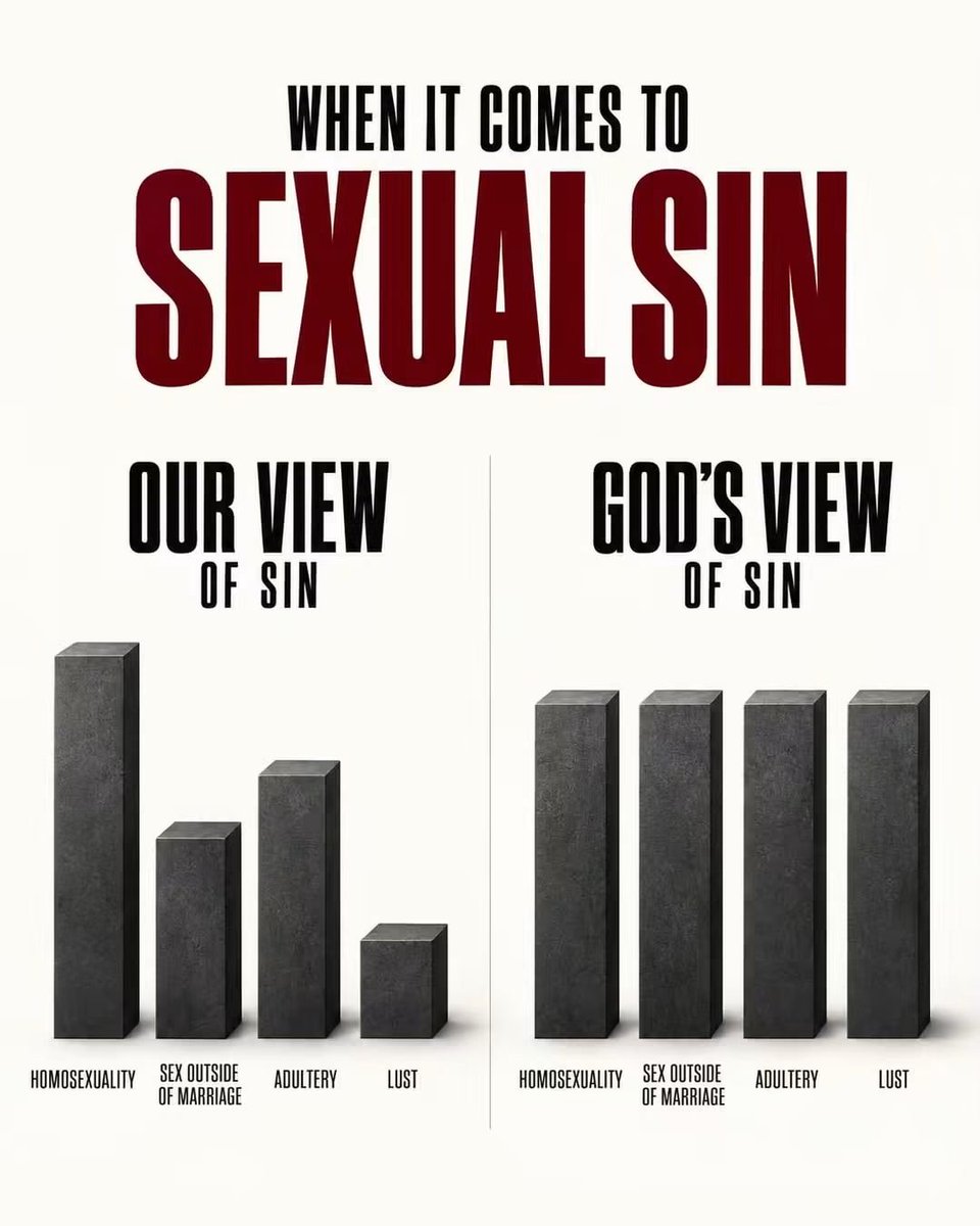 TevinMacharia's tweet photo. Seeing this visually crushed me. It’s absolutely wild how easily we condemn someone else’s sexual sin while making excuses for our own. We’ll point at homosexuality or adultery, then brush off lust or sex outside of marriage like it barely matters.

Different sins can cause different harm, but none of us becomes righteous because we think someone else’s sin is worse. God’s holiness should lead us to examine ourselves, too.

We ALL need repentance. We ALL need grace. We ALL need Jesus. 💔