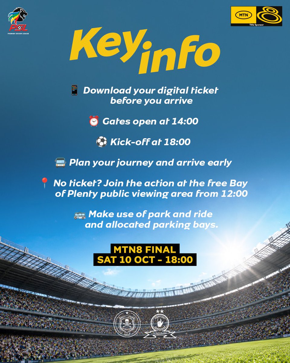 MTN_Football's tweet photo. Before you make your way to Moses Mabhida for the #MTN8Final, make sure you’ve got all the important details covered. Come early and enjoy the entertainment we have for you! #MTN8 #WafaWafa https://t.co/gUq0lCijAk