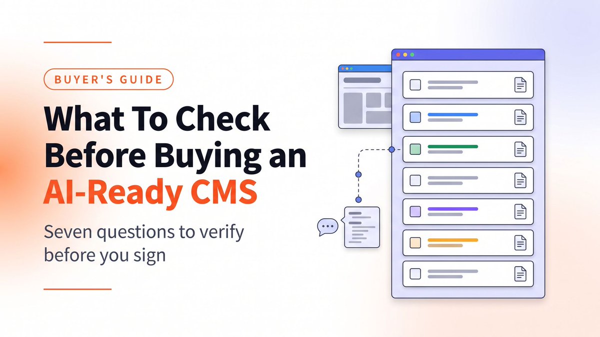 WebinyCMS's tweet photo. 🪧 "We support MCP" is the new "we have an API."
It means nothing until you know what the server exposes and where it runs - one vendor ships CRUD tools, another ships platform knowledge, and they’re not the same purchase.
7 questions to ask any CMS vendor before you sign, now that agents are the ones writing the code.
https://t.co/WyLHUDDlze>