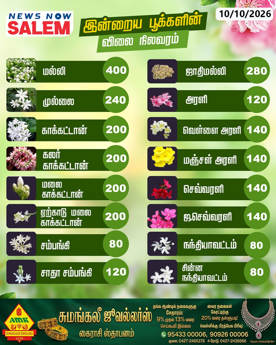 newsnowsalemnns's tweet photo. பூக்களின் விலை நிலவரம்
.
.
.
#flower #flowers #plants #newsnowsalem https://t.co/dnk6tlvCXn
