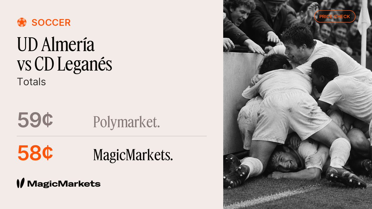 youpredictit's tweet photo. Price check: Spain Second Division A (Liga Adelante) · UD Almería vs CD Leganés · O/U 2.5 ⚽
MagicMarkets 58¢ vs Polymarket 59¢ — +1¢ edge
Time: 6:25am UTC
https://t.co/pxzRcWmdNz https://t.co/tQNdoNADo2