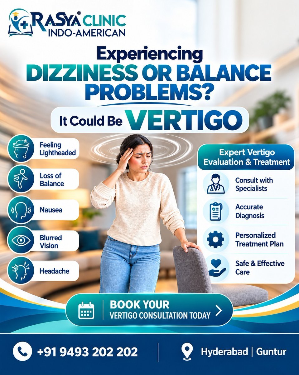 RaSyaClinic's tweet photo. Dizzy or losing balance? Donβt ignore it.
RASYA Clinics offers expert vertigo and BPPV evaluation with American-based specialists.
3,000+ patients recovered.
π +91 9493 202 202
π Hyderabad|Guntur
#Vertigo #BPPV #Dizziness #RASYAClinics https://t.co/FjiCHuxBCH