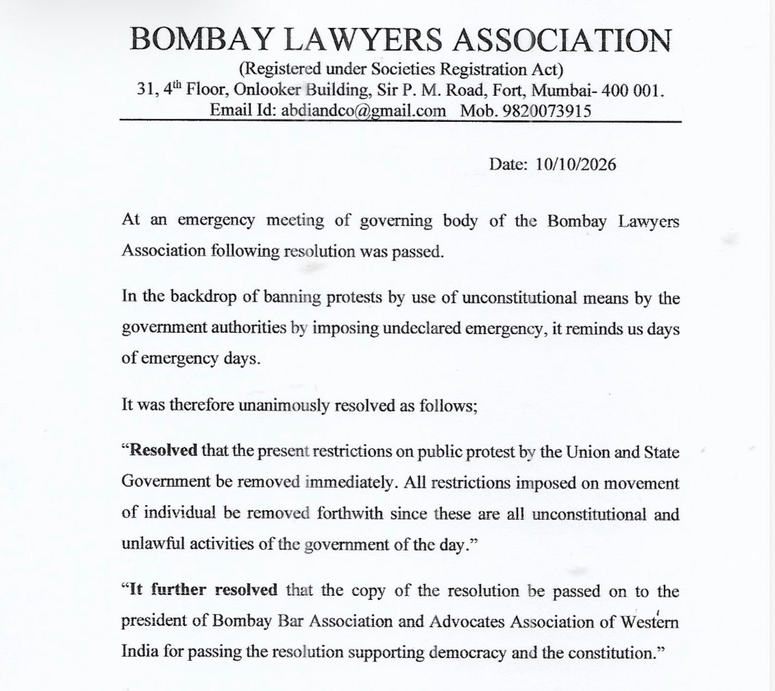 barandbench's tweet photo. The Bombay Lawyers Association has condemned unconstitutional restrictions on public protests and individual movement by governments and demanded immediate removal. 

“By imposing undeclared emergency, it reminds us of emergency days,” the resolution states. 

#BombayLawyers #DelhiProtests #CJP #Bombay