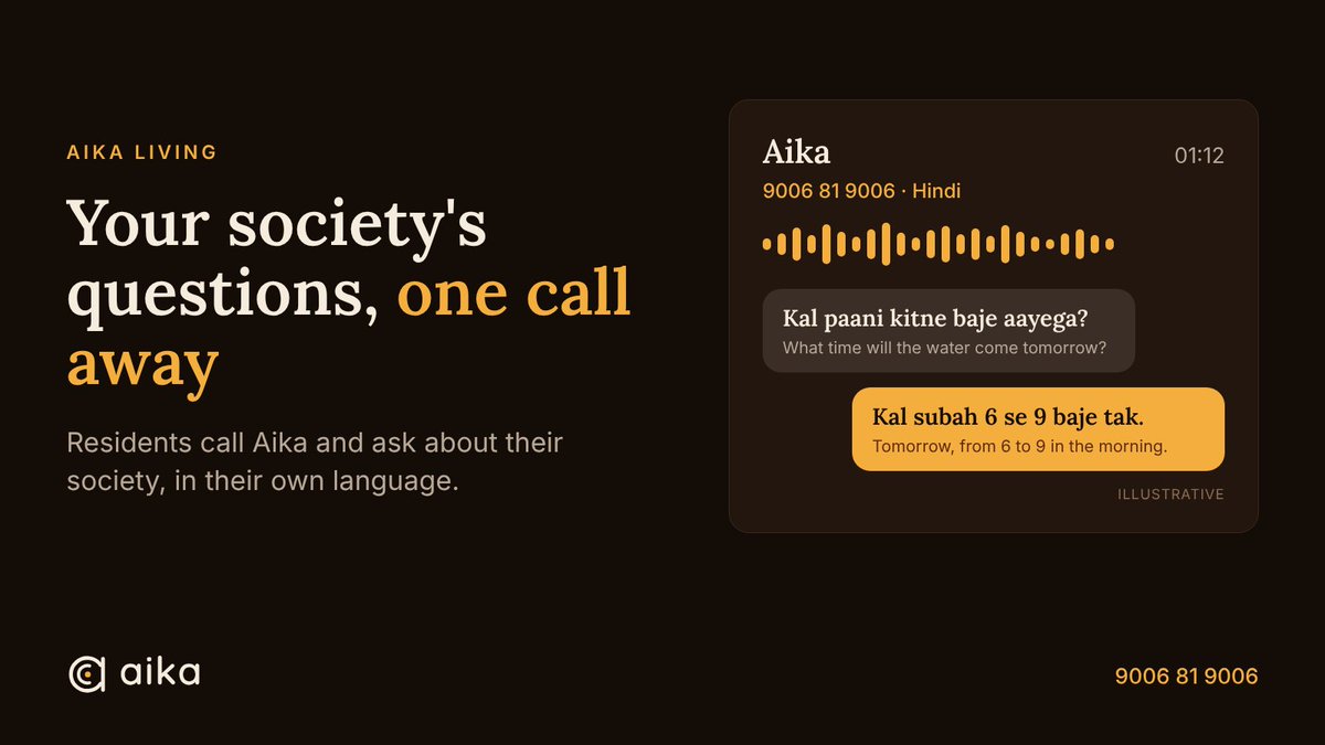 aika_labs's tweet photo. Every housing society has one person who answers the same questions all day.
Water off till when? Is maintenance due? Who do I call for the lift?

Aika Living: residents just call and ask about their society, in their own language. #AIforBharat

Hear her first: +91 9006 81 9006 https://t.co/sAzWJbbf0v