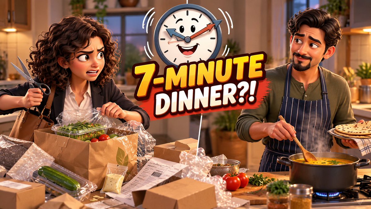VariousViewsOff's tweet photo. Jessie ordered a 7-minute salad delivery to save time.

10 minutes later:
• Still wrestling plastic with scissors
• Mountain of bubble wrap
• Meanwhile, Tom has fresh rotis &amp; warm dal ready

Watch this week’s comic: https://t.co/9ThXVdEqgg

#GiggleAndLearn #VariousViews https://t.co/Yr7JBYgWUi
