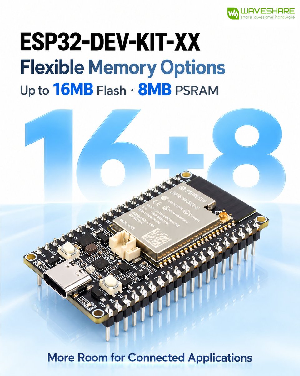 waveshare00's tweet photo. ·Part No. ESP32-DEV-KIT-WROXX
 ·Description https://t.co/iUyEK2nGyp

The ESP32-DEV-KIT is an ESP32-based Wi-Fi development board available with ESP32-WROOM or ESP32-WROVER modules. It features a 32-bit LX6 dual-core processor at up to 240MHz, 2.4GHz Wi-Fi, Bluetooth Classic, and BLE. Options include 4MB/16MB Flash and 0MB/8MB PSRAM. It provides USB Type-C, CH343P, lithium battery charging with automatic power switching, ESP32-DevKitC-compatible pinout, and support for ESP-IDF, Arduino, and MicroPython.
