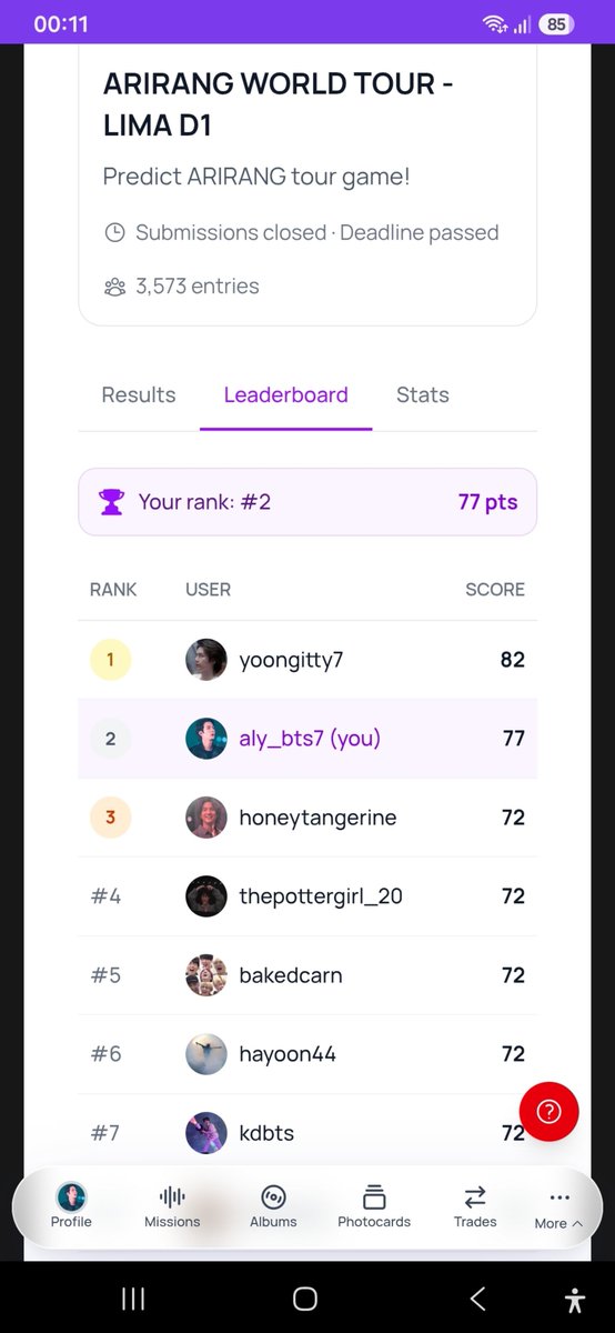 thAle_ksj's tweet photo. Creo que nunca había salido tan bien en este juego jajaja, literal quedé en el puesto #2 con 77 puntos 🥹💜
#bcd https://t.co/4bKGPxGv79