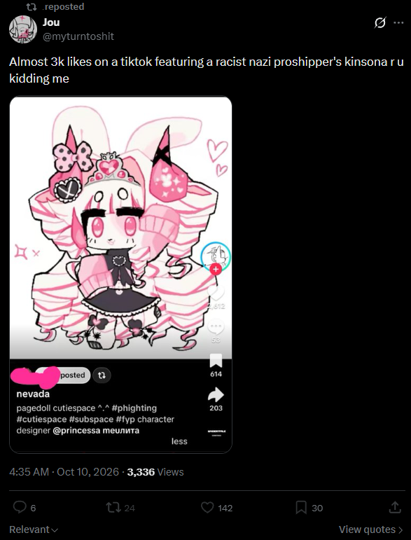 FALSEW0RMKING's tweet photo. FUCK IM AUTOBLOCKED but for elaboration shes racist (her partner has said the n word despite being white), ableist and harasses people for kinning cutiespace
she also whines and throws a tantrum over people copying her style as if its original lol https://t.co/IyP25QYAhF