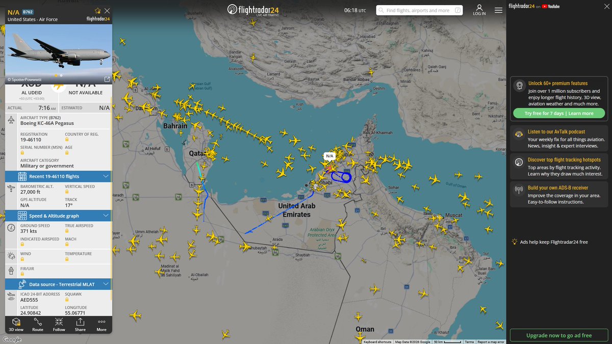 AIYeyENGDdJkjTr's tweet photo. Oct. 10, 2026
[1]
#Al-Udeid Air Base ==> #Musandam Peninsula 
#NoCALLSIGN #AED555 USAF KC-46A Pegasus 

#Al-Udeid Air Base ==> #Persian Gulf #Musandam Peninsula 
#YETI53 #AE63BC USAF KC-46A Pegasus 

#Al-Udeid Air Base ==> #Persian Gulf #Musandam Peninsula 
#NoCALLSIGN #AEF829 USAF KC-46A Pegasus