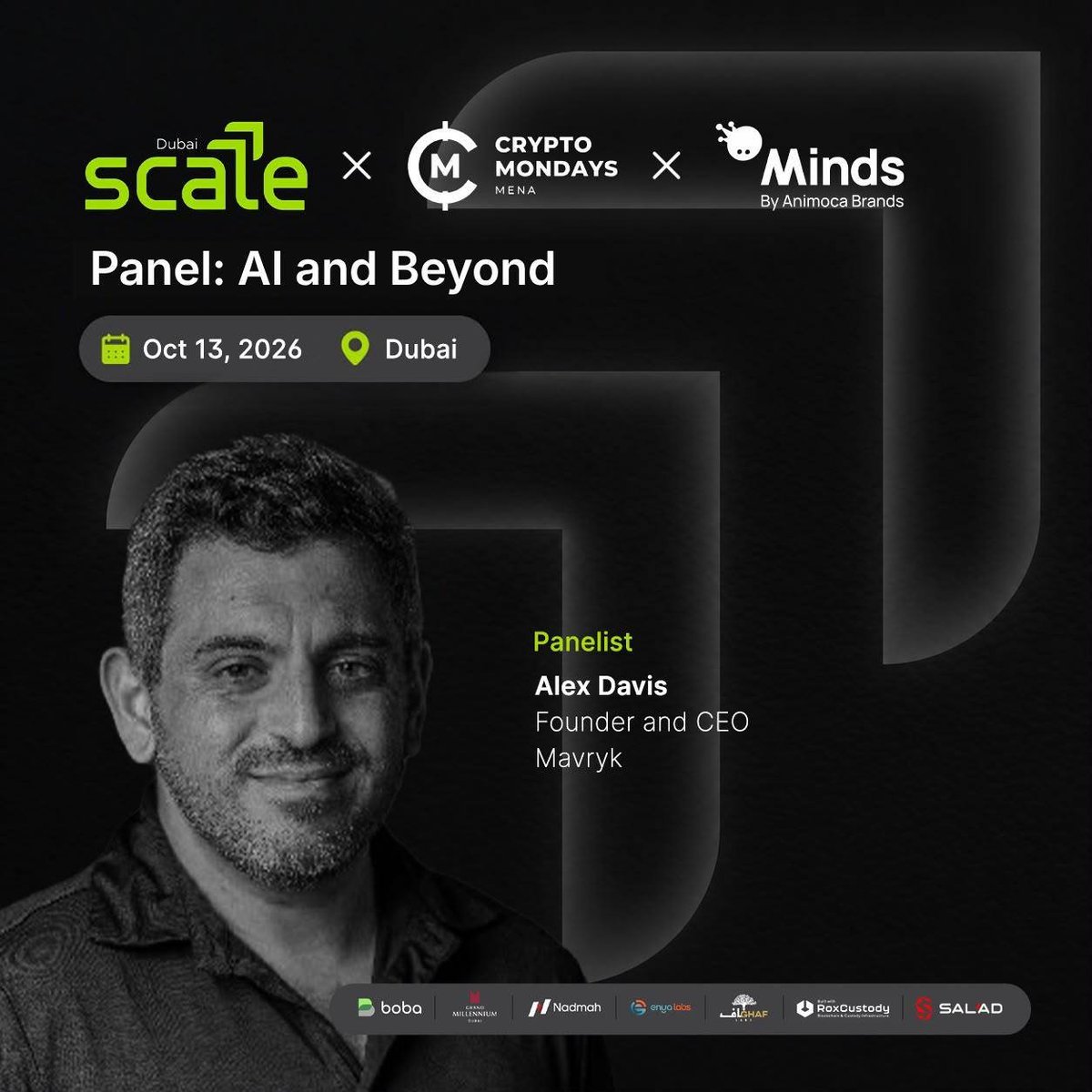 CryptoMondaysME's tweet photo. Thrilled to feature @mv1_Davis ,  Founder &amp; CEO @MavrykNetwork ) on our panel "AI and Beyond"!

Date: October 13, 2026  
​Time: 3:00 PM – 6:00 PM (GST)  
​Location: Grand Millennium Hotel

Link - https://t.co/3Qhbmn6A7t

#AI #CryptoMondays #Mindsbyanimocabrands https://t.co/XZIPzIfWJr