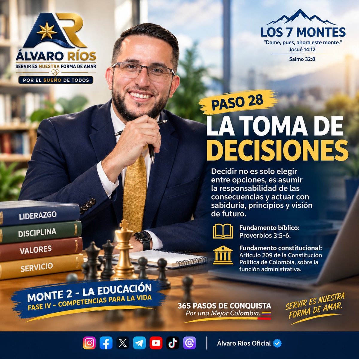 AlvaroRios_X's tweet photo. PASO 28: LA TOMA DE DECISIONES
Monte 2 – La Educación
Fase IV: Competencias para la vida.

Actuar con principios es decidir con sabiduría.

📖 Proverbios 3:5-6
🇨🇴 Art. 67

Por una Mejor Colombia.

Servir es nuestra forma de amar
#365PasosDeConquista
@Mineducacion @ABDELAESPRIELLA https://t.co/2vDQZ74aGG