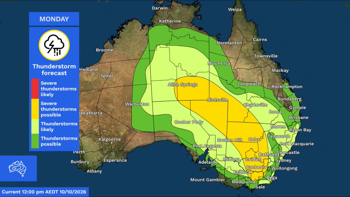 BOM_au's tweet photo. Widespread #thunderstorms will sweep across much of #central and #eastern Australia this coming week.

#SevereThunderstorms are possible each day with large hail, heavy rain and damaging winds.

Latest: https://t.co/qT1nZPmQx1 https://t.co/79kgFTt1Bi