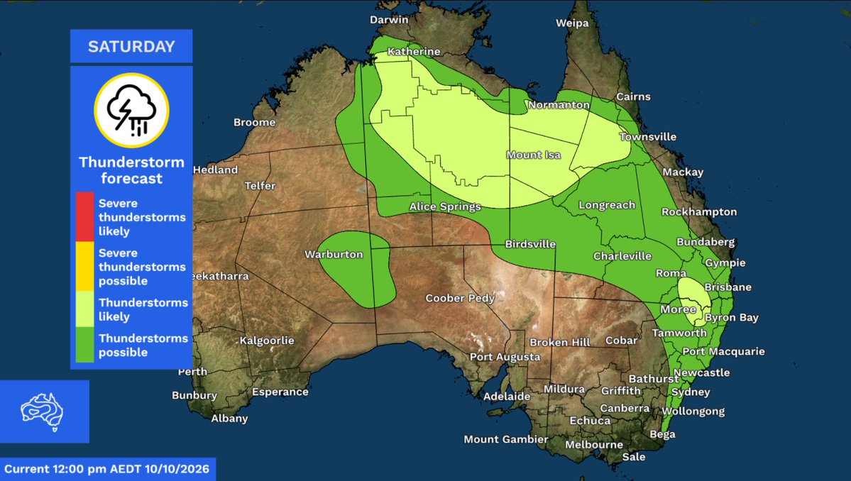 BOM_au's tweet photo. Widespread #thunderstorms will sweep across much of #central and #eastern Australia this coming week.

#SevereThunderstorms are possible each day with large hail, heavy rain and damaging winds.

Latest: https://t.co/qT1nZPmQx1 https://t.co/79kgFTt1Bi