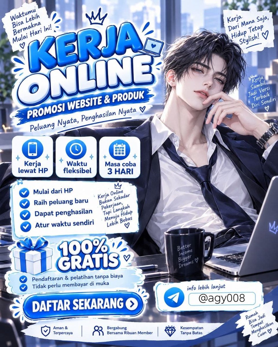 aglea06's tweet photo. @flllowiee 💻 KERJA ONLINE, CUAN DARI HP! 💙
Pengen punya penghasilan tambahan dengan waktu fleksibel?
📱 Cukup pakai HP
⏰ Waktu fleksibel
🎁 Daftar &amp; pelatihan GRATIS
🔥 Jangan cuma scroll saatnya ambil peluang!
📩 Hubungi kontak di poster untuk info &amp; pendaftaran
https://t.co/hbH40FTPyv https://t.co/S7BqaTSqNQ
