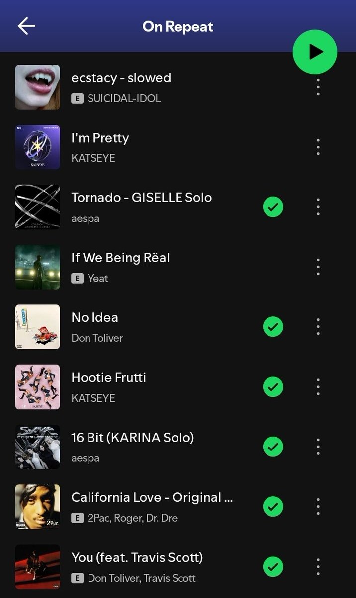piixelplush's tweet photo. no cheating, post your current on repeat playlist no matter how gay it is

this just shows how weird my music taste actually is 😭🙏 https://t.co/i3zbW1xmnx