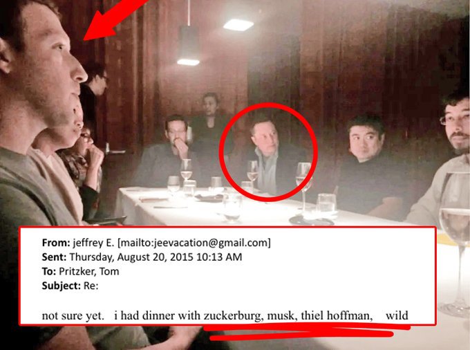 _Jesse_watter's tweet photo. This is the only known picture from Epstein’s “wild” dinner with Peter Thiel, Elon Musk, Mark Zuckerberg, and Reid Hoffman.

Whatever you do, DO NOT SHARE IT!
They'd hate that. https://t.co/odZzOcgL99