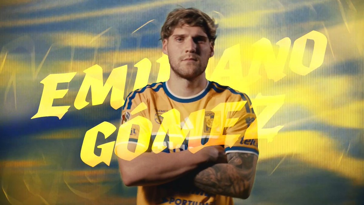 A promotional graphic featuring a Tigres UANL player with arms crossed against a stylized blue and yellow streaked background, with bold yellow text reading "EMILIANO GÓMEZ" overlaid across the image, serving as a player feature for the lineup announcement against Toluca.