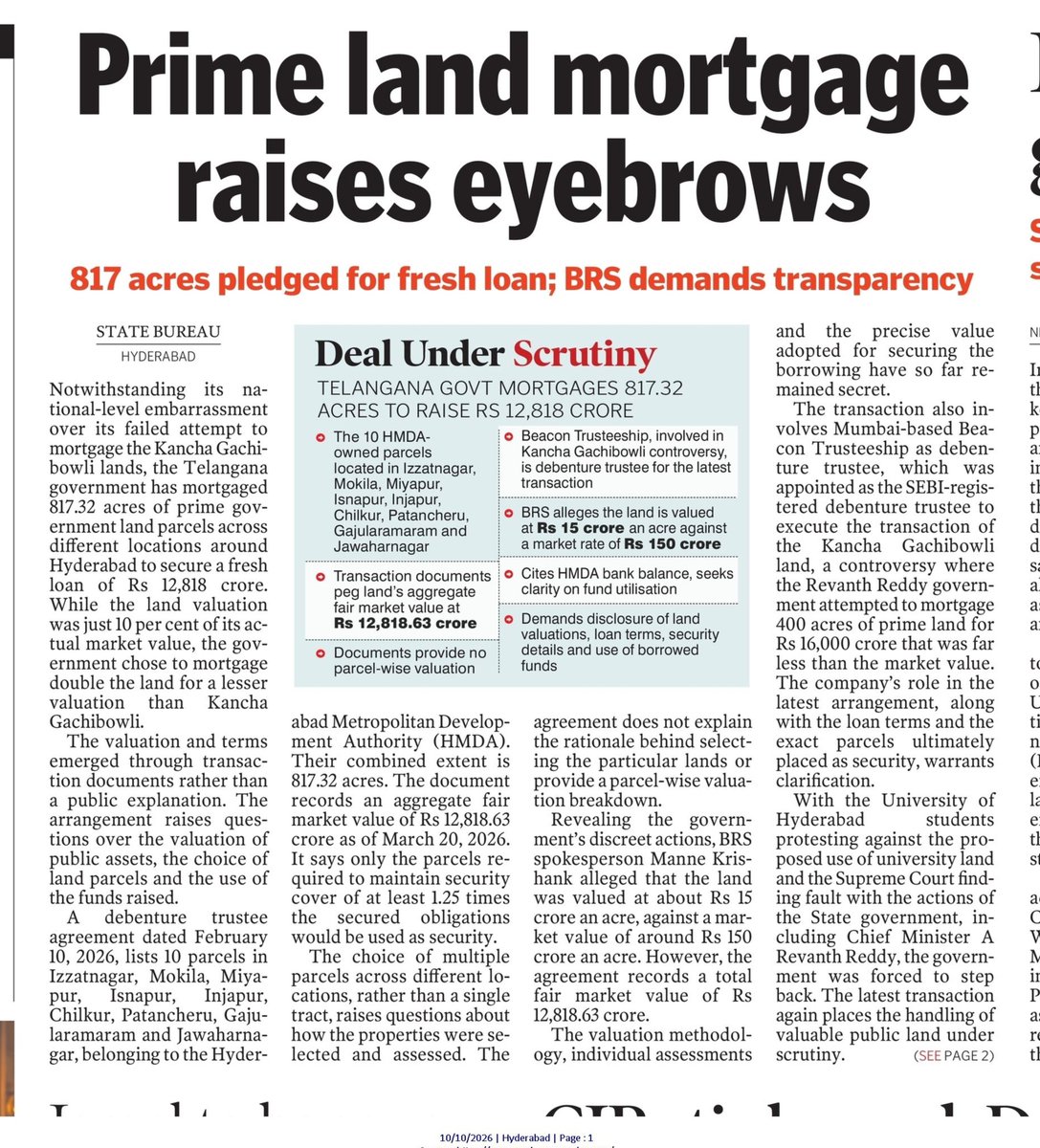 Krishank_BRS's tweet photo. 818 Acres - Rs.80000 Crores worth Prime Lands in and around Hyderabad silently mortgaged for Rs.10000 crores by Revanth Government...

Pls take time &amp; read 👇🏽 https://t.co/3suUSpN04m