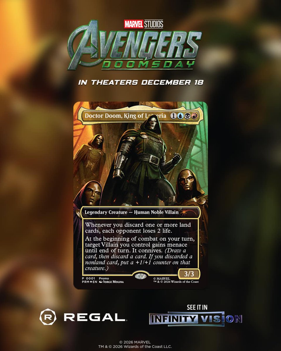 PeakHobby's tweet photo. Watch Avengers: Doomsday on December 18th Opening Weekend in Infinity Vision at Regal Cinemas @RegalMovies and get a free Magic : The Gathering Marvel Doom Promo!

@wizards_magic #MTG