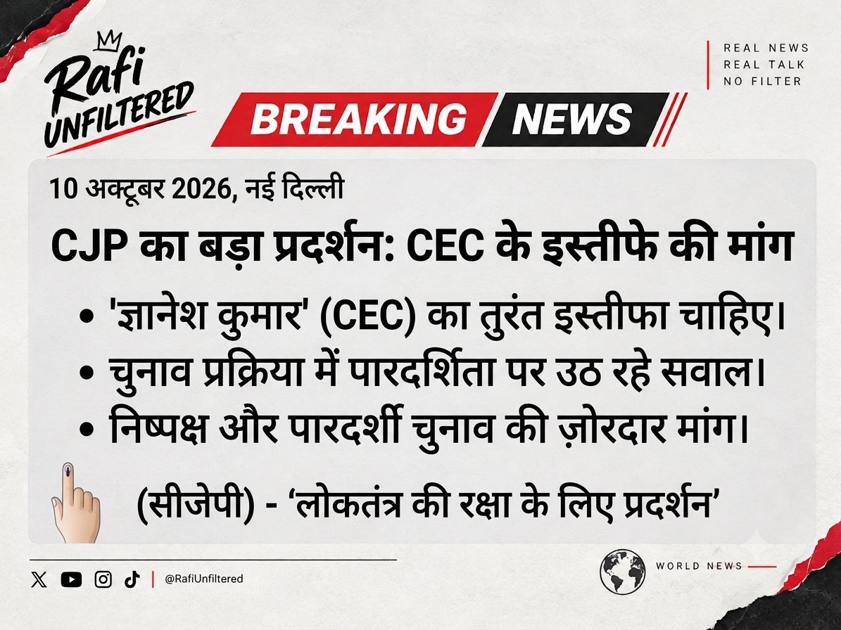 imrafi02's tweet photo. 10 अक्टूबर 2026: दिल्ली में CJP के प्रदर्शन का प्रमुख मुद्दा मुख्य चुनाव आयुक्त ज्ञानेश कुमार का इस्तीफा है। प्रदर्शनकारी चुनावी प्रक्रिया में पारदर्शिता और निष्पक्ष चुनाव की मांग कर रहे हैं.

#CJP #GyaneshKumar #DelhiProtest https://t.co/9IGCINBQLH