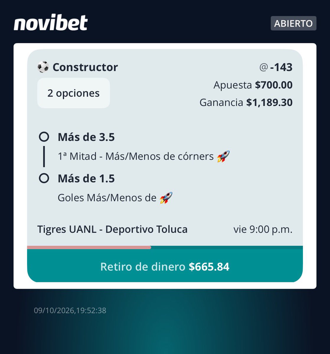 J4FBet's tweet photo. Última de hoy

🚀 Crear apuesta Liga MX 🇲🇽

⚽️ Tigres vs Toluca 
✍🏽 Over 3.5 córners 1H y Over 1.5 goles
💰Momio -143
🏦 7% Bank

#32 https://t.co/DbntS9W4fr