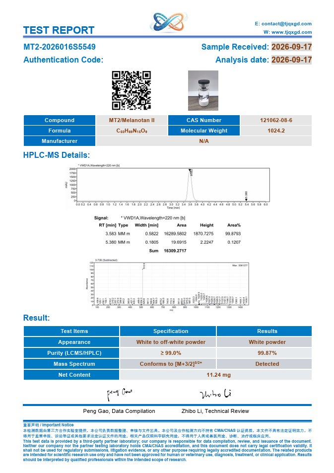 Jessewbspep's tweet photo. What should a real test report actually show you? 📄

✅ The exact compound and CAS number
✅ The method used (HPLC + LCMS)
✅ Specification vs actual result
✅ Batch-specific sample date
✅ A clearly stated intended use

Every batch we ship has its own documentation. DM us to see one.
#Peptides #PeptideManufacturer #Biotech #Wholesale #Retatrutide #BPC