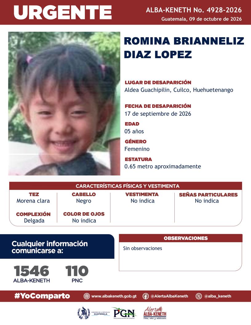 alba_keneth's tweet photo. #AlertaAlbaKeneth⚠️| Romina Brianneliz Diaz Lopez de 05 años de edad. Desapareció el 17 de septiembre de 2026, en Aldea Guachipilín, Cuilco, Huehuetenango.

🔁Comparte y ayúdanos con su localización.
📞Si tienes información llama al 1546. #YoComparto https://t.co/XJZiJEg9Wl