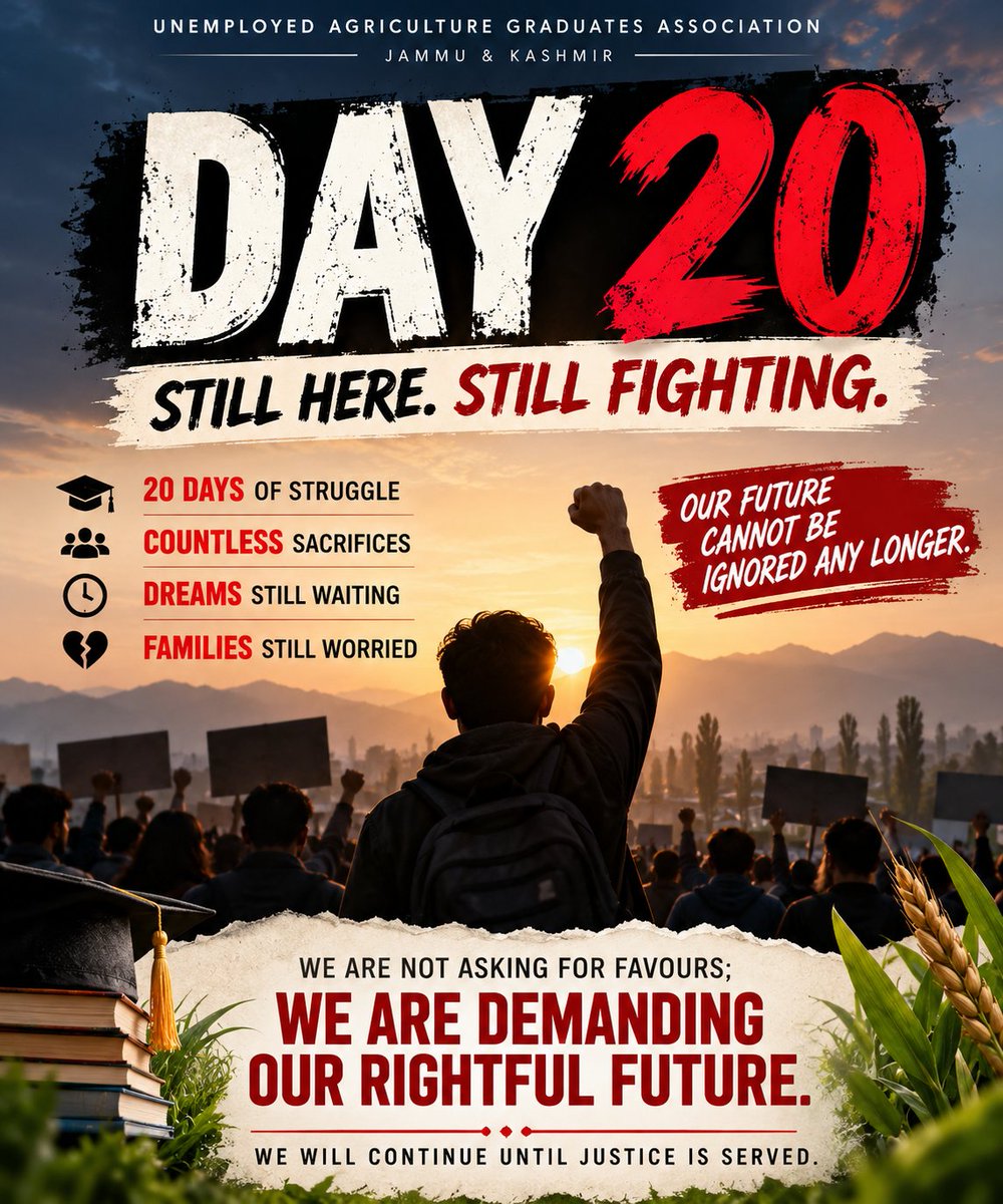 UAGA_JK's tweet photo. DAY 20: HOW LONG MUST WE SUFFER IN SILENCE? 

20 days on the streets, carrying broken dreams but unbreakable hope. Our families wait, our futures fade, yet those responsible remain silent.
We are hurt, but we refuse to surrender.
Our struggle will continue until our voices are heard and justice is delivered. 
#Day20 #JusticeForAgricultureGraduates
@JavedDar_NC @CM_JnK @OfficeOfLGJandK @nasirsogami @NasirKhuehami @RuhullahMehdi @zubair_reshi