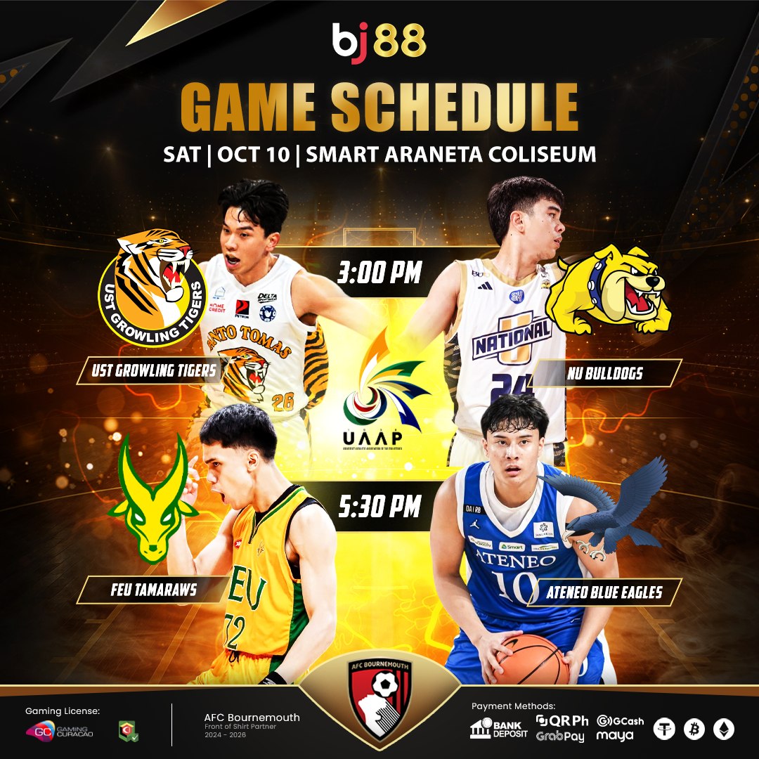 BJ88PHP's tweet photo. GAME DAY IS HERE 🔶

UAAP basketball brings another exciting doubleheader this Saturday!🏀🔥

UST Growling Tigers face NU Bulldogs at 3:00 PM, followed by FEU Tamaraws vs Ateneo Blue Eagles at 5:30 PM at Smart Araneta Coliseum.🏆🏀 https://t.co/mlOWOC6njo