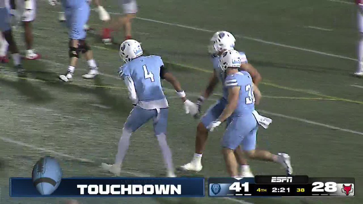 ESPN broadcast graphic showing a 'TOUCHDOWN' with the score at 41-28 in the 4th quarter with 2:21 remaining.