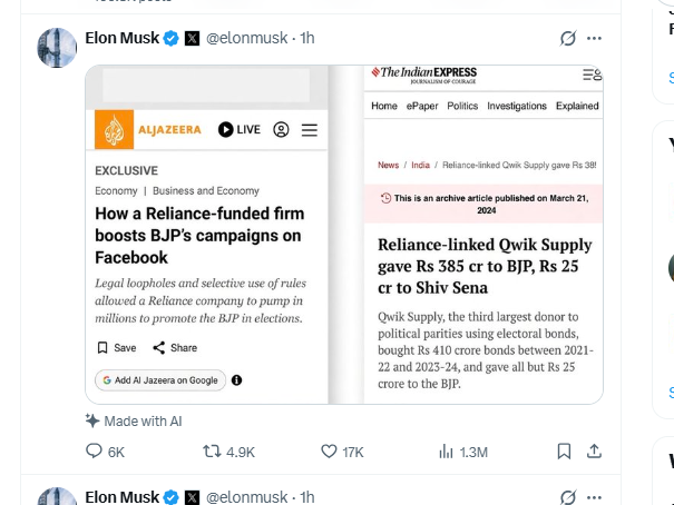GauravBrief's tweet photo. Elon Musk calls Ambani the “Prime Minister of India” and digs up old political funding stories because Starlink hasn't launched yet.

Interesting logic.
Musk himself spent $259 million helping Trump win in 2024. Does that make him the “real President of America”?

The US restricts Huawei over national security and imposed 100% tariffs on Chinese EVs, protecting American automakers, including Tesla, from Chinese competition.
But when the Indian Government requires Starlink to complete security checks, suddenly it's an Ambani conspiracy?

Here's what Elon conveniently ignores: Starlink, Jio Satellite and Airtel-backed OneWeb are ALL awaiting final regulatory clearances.
India needs better internet access, and fair competition is welcome. But Modi is the Prime Minister of India, not Elon Musk's customer support agent.
Apparently, American regulations are national interest, while Indian regulations are a conspiracy.

That's quite a double standard, Elon.