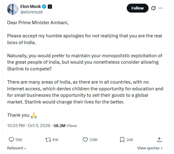 GauravBrief's tweet photo. Elon Musk calls Ambani the “Prime Minister of India” and digs up old political funding stories because Starlink hasn't launched yet.

Interesting logic.
Musk himself spent $259 million helping Trump win in 2024. Does that make him the “real President of America”?

The US restricts Huawei over national security and imposed 100% tariffs on Chinese EVs, protecting American automakers, including Tesla, from Chinese competition.
But when the Indian Government requires Starlink to complete security checks, suddenly it's an Ambani conspiracy?

Here's what Elon conveniently ignores: Starlink, Jio Satellite and Airtel-backed OneWeb are ALL awaiting final regulatory clearances.
India needs better internet access, and fair competition is welcome. But Modi is the Prime Minister of India, not Elon Musk's customer support agent.
Apparently, American regulations are national interest, while Indian regulations are a conspiracy.

That's quite a double standard, Elon.