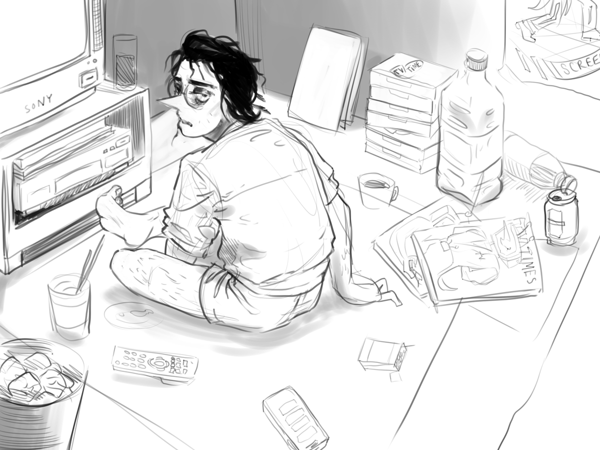 AMBIV0's tweet photo. Well the cat's out of the bag... so I'll rip off the bandaid and share the AU I've been anxiously coddling. Idol/Otaku AU: Spam is an otaku/nijikon (2D complex) and spent his entire adult life obsessed with a certain bygone, forgotten TV idol. 
#spamtaku
Continues below... https://t.co/i9QvOjA13x