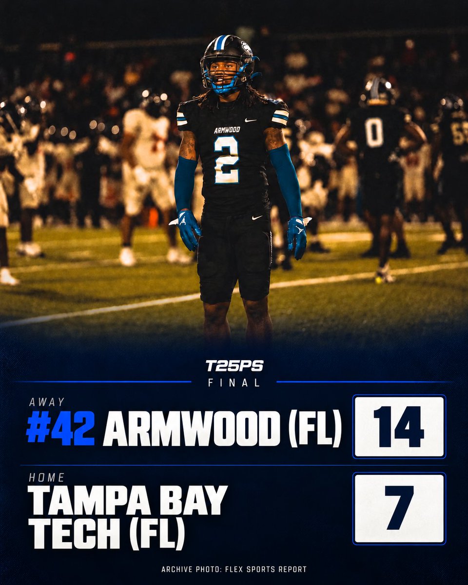 Top25PublicHSFB's tweet photo. FINAL: FLORIDA

#42 Armwood (FL) 14
Tampa Bay Tech (FL) 7

Armwood comes away with the HUGE road win.
https://t.co/rIWJBvCDr0 https://t.co/KqWnVuG9KB