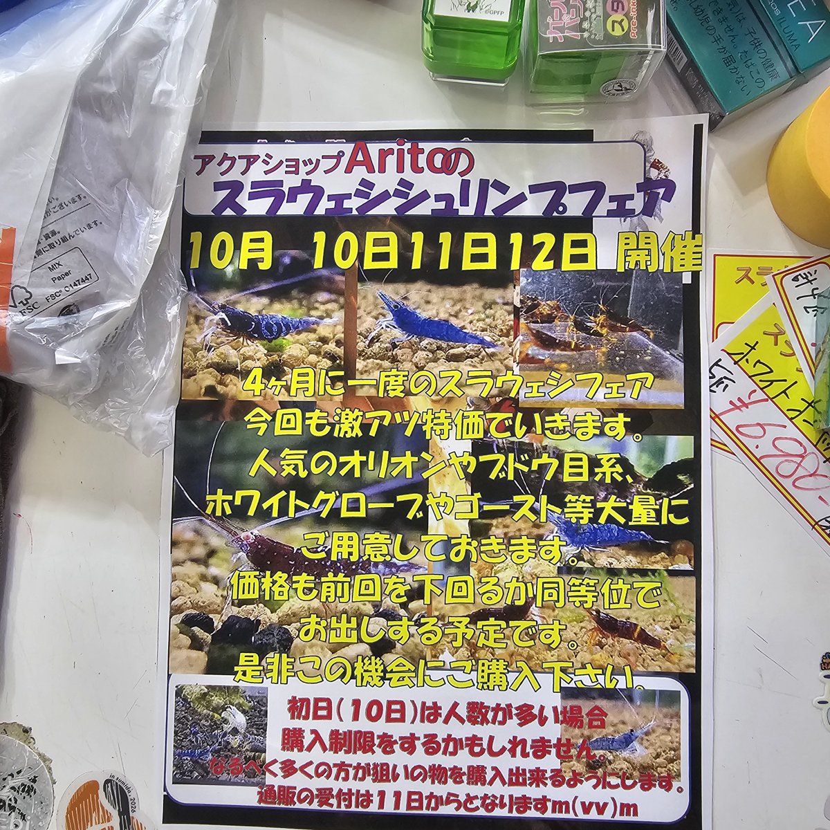 renge5266's tweet photo. おはようございます👋
よい天気です🌞
本日より
🦐『スラウェシシュリンプフェア』🦐
まだ誰も来ていませんが…💦
12時から抽選会となります

追加の🦐もありますし
数も沢山居ますので
ゆっくり来ても色々と選べると思います（当たりは無くなりそうですが😌

では本日からの3連休
お待ちしてます🙆 https://t.co/lRRTfs5Pjt