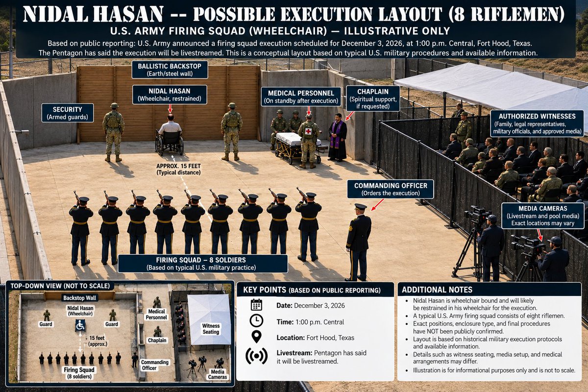 GregB_TX's tweet photo. The livestreamed execution of Nidal Hasan (wheelchair bound after his apprehension).
 
Based on current U.S. Army protocols for a firing squad, this is the best representation until the Army confirms the layout they will use.

BTW...no one will be forced to watch this. https://t.co/XY4tN8FQCg