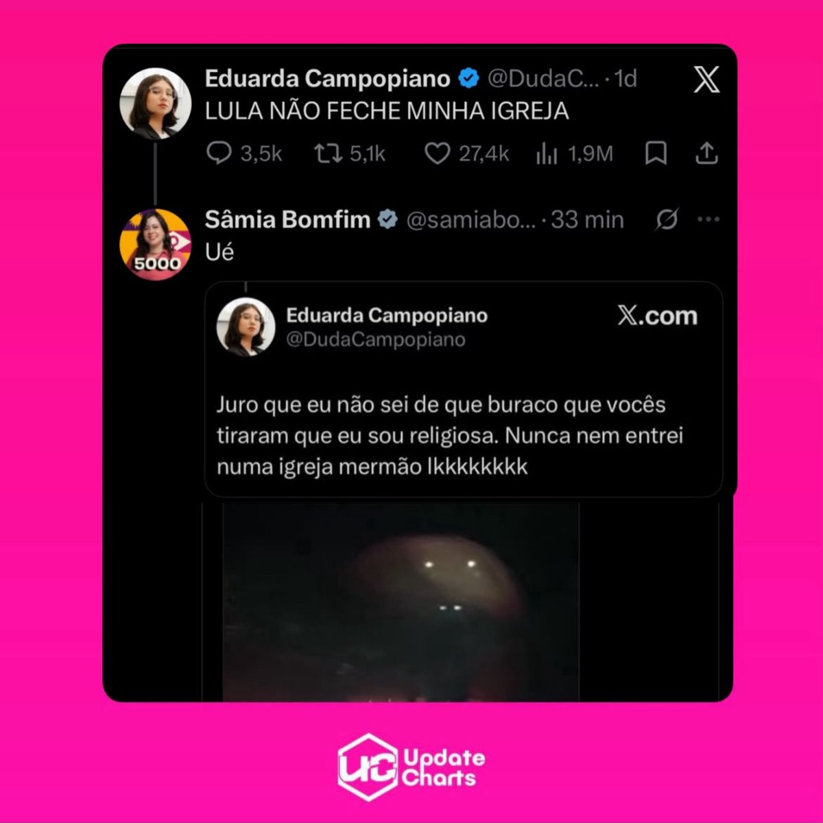 updatecharts's tweet photo. Sâmia Bomfim pega Eduarda Campopiano NO PULO e expõe que a deputada NUNCA foi a IGREJA. https://t.co/8jYQvHTKIh
