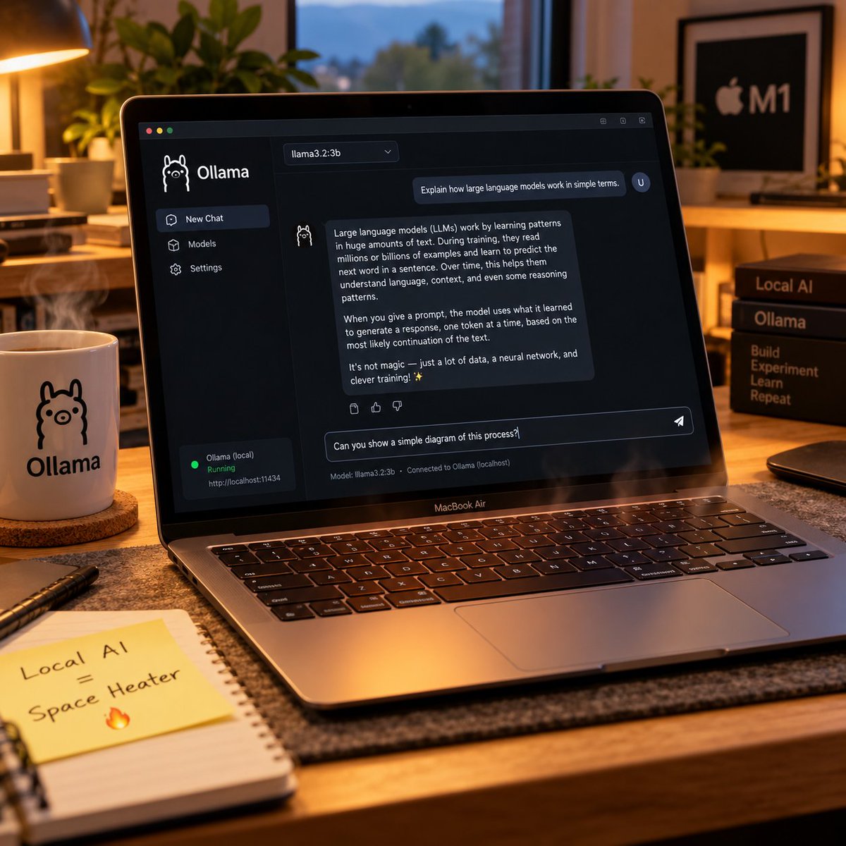 kworthington's tweet photo. I installed Ollama with Gemma 4 E2B on my M1 MacBook Air, and wow, did that thing get hot. 😂

I figured running AI locally would push the hardware a little, but I wasn't expecting my laptop to double as a space heater.

And since the M1 Air doesn't have a fan, it gets pretty toasty.

Still, it's amazing what this little laptop can do. Running your own AI model right on your computer is pretty cool.

#Ollama #Gemma4 #LocalAI #MacBookAir