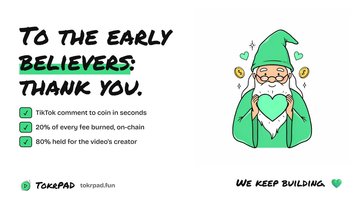 tryTokrPAD's tweet photo. To everyone who believed in TokrPAD from day one: thank you. 💚

In a few days we went from an idea to a bot that turns any TikTok into a coin in seconds, burns 20% of every fee, and pays creators on-chain.

We're not going anywhere. 
We'll keep building, fixing and shipping every day, for this community. 
We believe in this a lot, and we're putting a lot of ourselves into it.

This is just the start. 🛠️