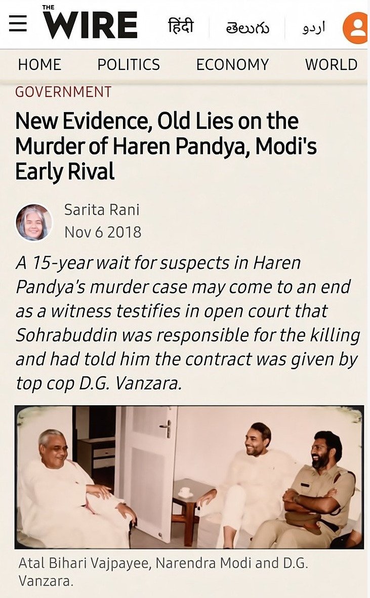 INCKerala's tweet photo. Dear Gen Z,

You may not know the glorious early years of Modi and Shah. Here's a brief history.

Haren Pandya was Modi's home minister when Modi was parachuted in as Gujarat CM in October 2001. Modi wasn't an MLA and had to win a seat within six months. He needed a safe one. Without it, he was sure to lose.
His eyes fell on Ellis Bridge, the safest BJP seat in Ahmedabad. Haren Pandya was its MLA. Modi asked him to step aside. Pandya's reply: "I'm ready to give this seat to anyone but Modi." He had known Modi for years.

Vajubhai Vala was asked to resign. He obliged, gave up his Rajkot seat, and Modi was in.

In March 2003, Haren Pandya went for his morning walk. He was found dead in his car. Five bullets. The story cooked up: terrorists from Hyderabad. It fell apart.

The truth is simple. Sohrabuddin Sheikh and his aide Tulsi Prajapati pulled the trigger. Sohrabuddin ran with Amit Shah's extortion racket. The man who gave the contract is no secret.

When the UPA took over, the CBI picked up the case. But by then Sohrabuddin and his wife were already dead. Tulsi Prajapati followed, killed in a fake encounter. And the man smiling next to Modi in that photograph? D.G. Vanzara. He carried out both killings.
The CBI had audio tapes of Amit Shah. Shah was arrested in July 2011, bailed on one condition: stay out of Gujarat. The case moved to Mumbai.

Judge Loya, an honest judge, had all the evidence before him. He summoned Amit Shah repeatedly. Shah never showed up, not once, even in Mumbai. Loya was about to order his arrest. Days later, Loya was dead, in Nagpur, at a colleague's daughter's wedding.

He had been offered ₹100 crore and the Chief Justiceship of the Bombay High Court for a favourable verdict. He refused to sell his conscience. He paid with his life.

There's more. Read. Remember. This is the gang sitting in the highest seats of power in our great nation.