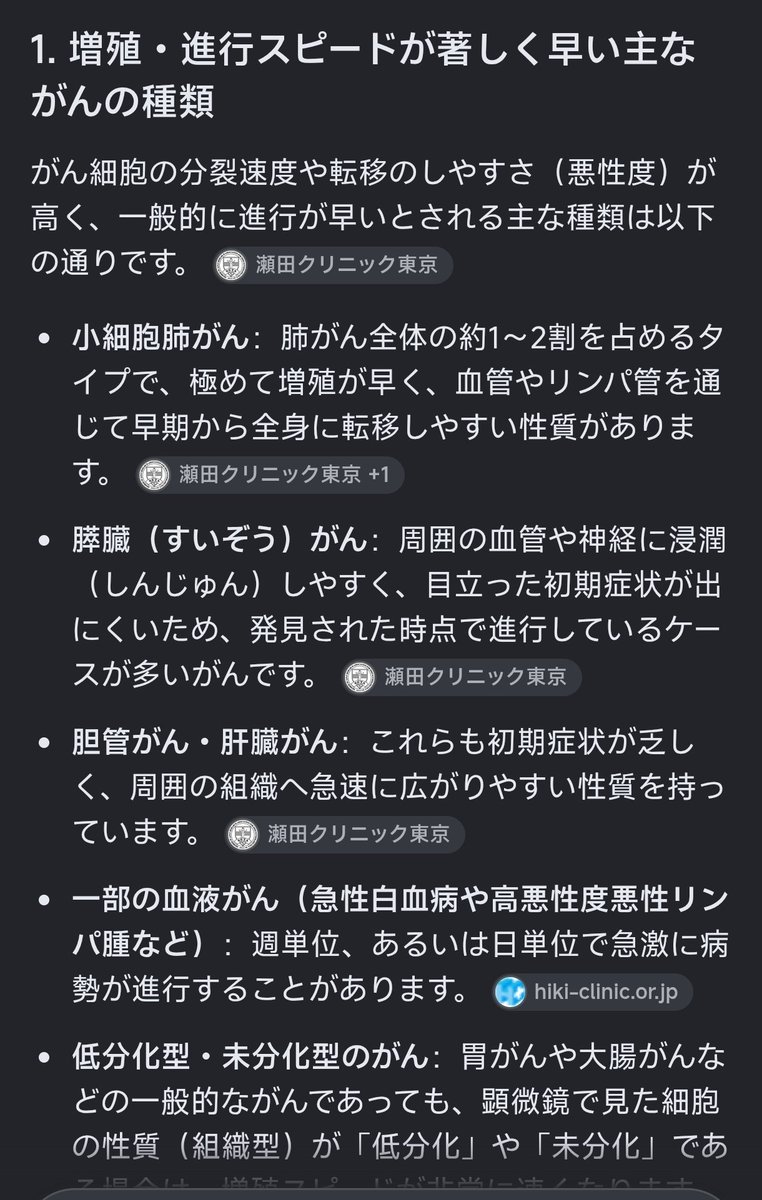 funny3000's tweet photo. がん検査で、増殖スピードが著しく早い癌の種類と、遺伝子検査をスピーディーに行うにはどう検査を受ければいいの？

        がんの種類によって増殖スピードには大きな差があり、治療方針も異なります。

1. 増殖・進行スピードが著しく早い主ながんの種類

がん細胞の分裂速度や転移のしやすさ（悪性度）が高く、一般的に進行が早いとされる主な種類は以下の通りです。
• 小細胞肺がん：肺がん全体の約1〜2割を占めるタイプで、極めて増殖が早く、血管やリンパ管を通じて早期から全身に転移しやすい性質があります。
• 膵臓（すいぞう）がん：周囲の血管や神経に浸潤（しんじゅん）しやすく、目立った初期症状が出にくいため、発見された時点で進行しているケースが多いがんです。
• 胆管がん・肝臓がん：これらも初期症状が乏しく、周囲の組織へ急速に広がりやすい性質を持っています。
• 一部の血液がん（急性白血病や高悪性度悪性リンパ腫など）：週単位、あるいは日単位で急激に病勢が進行することがあります。
• 低分化型・未分化型のがん：胃がんや大腸がんなどの一般的ながんであっても、顕微鏡で見た細胞の性質（組織型）が「低分化」や「未分化」である場合は、増殖スピードが非常に速くなります。

2. がん遺伝子検査を「スピーディー」に受けるためのステップ

多数の遺伝子を一度に調べる「がん遺伝子パネル検査」（オンコパネルなど）は、検査の申し込みから専門家会議（エキスパートパネル）を経て結果が出るまでに通常 1〜2ヶ月の時間がかかります。これを少しでも早く、無駄なく進めるための具体的な方法は以下の通りです。

① 最も確実なのは「主治医へ即座に相談・希望を伝える」

がんの遺伝子パネル検査を日本で受ける場合、まずは現在の主治医に相談するのが最短ルートです。
保険診療で受けるには厚生労働省が定めた以下の条件を満たす必要があります：
• 標準治療が終了している、または終了する見込みであること
• 固形がん（または造血器腫瘍）、希少がん、原発不明がんなどであること
• 全身状態（体力など）が、検査後の治療に耐えられる状態であること
進行が早いがんの場合、「標準治療が終わる見込み」が立った段階で一刻も早く主治医にパネル検査の準備を依頼する（または先んじて検体を用意してもらう）ことで、治療の空白期間を減らすことができます。

② 「がんゲノム医療中核拠点病院・拠点病院」を受診またはセカンドオピニオン

遺伝子パネル検査は、国が指定した「がんゲノム医療中核拠点病院」「拠点病院」「連携病院」でのみ実施できます。
もし現在の病院が連携病院ではない場合、検査の実施や検体の運搬、専門家会議の連携に余計な日数がかかる場合があります。少しでも迅速に進めたい場合は、主治医に相談の上、ゲノム医療の「中核拠点病院」や「拠点病院」へセカンドオピニオンや紹介状をもらって受診を申し込むのがスムーズです。

③ 「リキッドバイオプシー」や自由診療の検討

迅速な検査のための選択肢や自由診療に関する詳細は、専門の医療情報をご確認ください。
